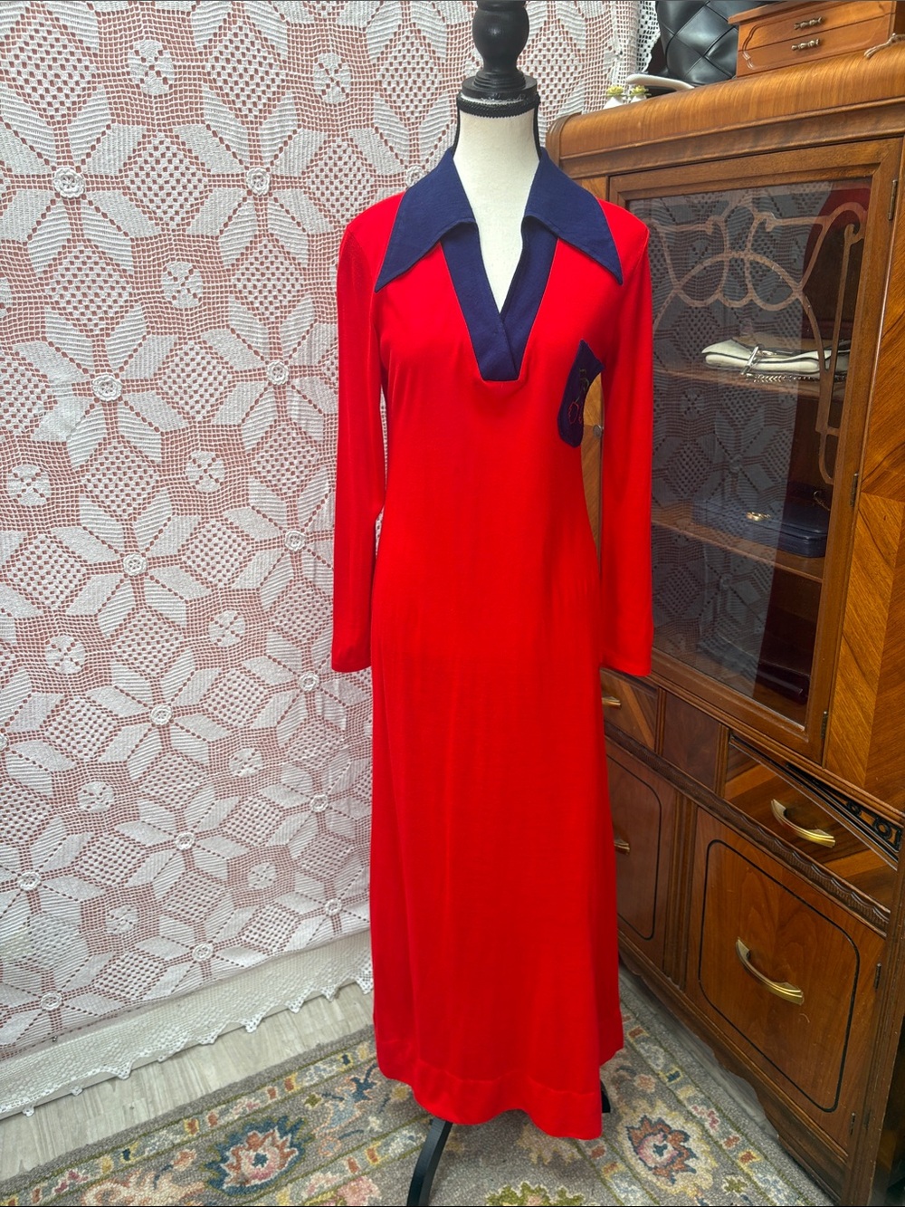 Women's Red Maxi Dress with Navy Collar - Picture 6 of 11